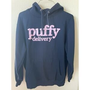 Puffy Delivery Blue Front Pouch Pocket Long Sleeve Men's Pullover Hoodie Size L